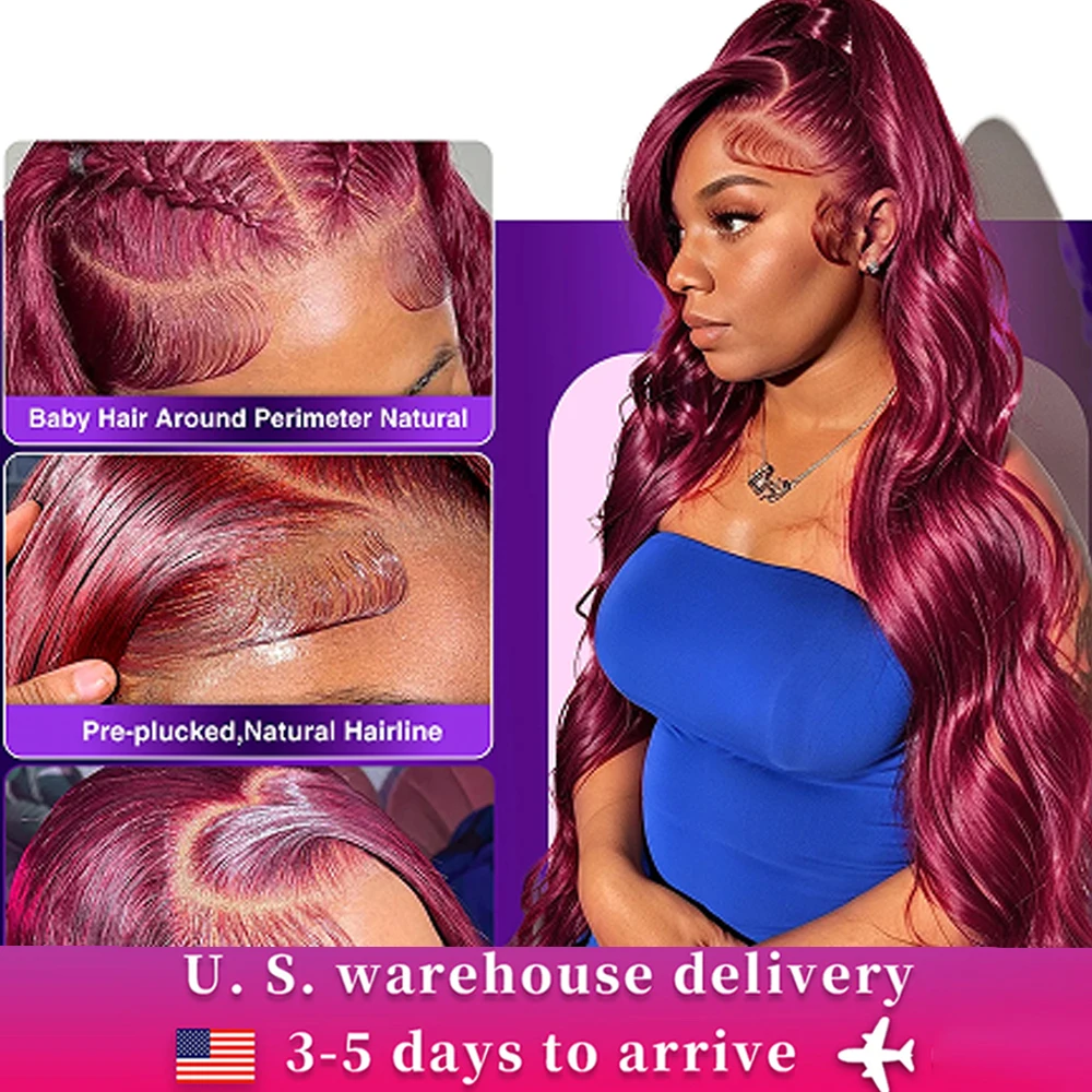 Colored Body Wave 99J Burgundy Lace Front Wig Human Hair Red 13x4 HD Lace Frontal Wig Pre Plucked Curly Human Hair Wigs on Sale