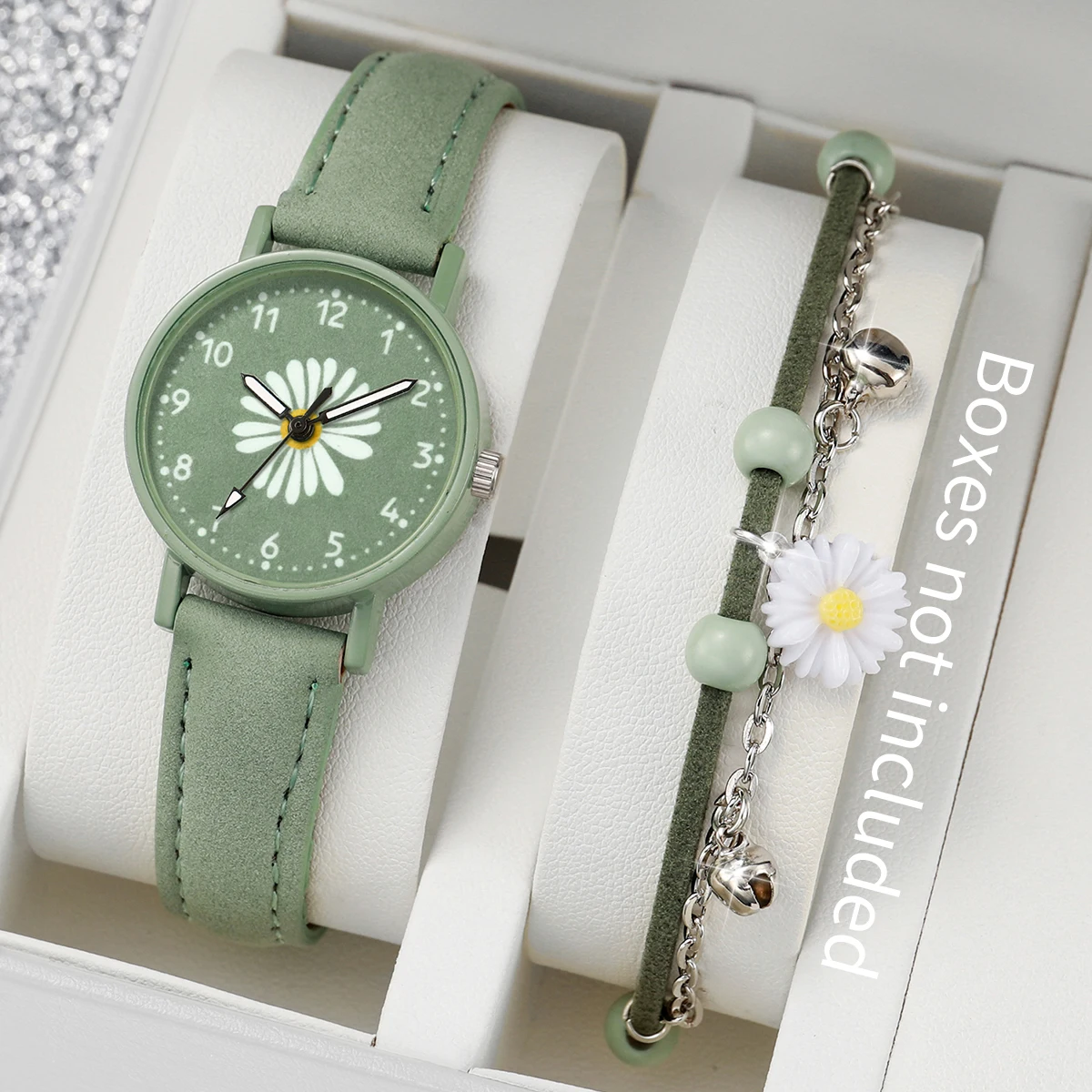 2PCS/Set Fashion Flower Dial Women's Watch Casual Leather Band Quartz Watches Bracelets Set（Without Box）