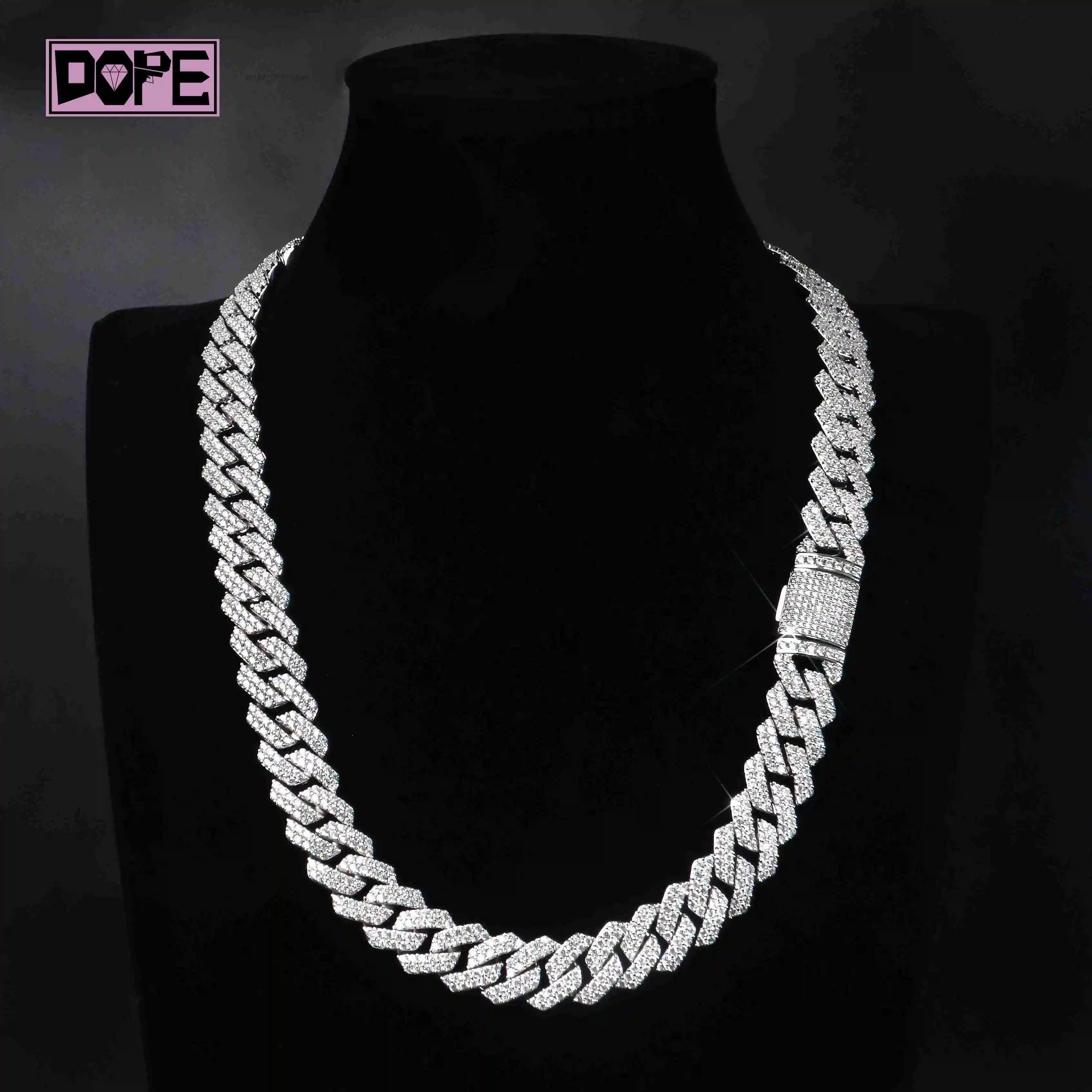 Jewelry Fine 16mm Cuban Link Chain 2 Rows Hip Hop 925 Silver VVS Iced Out Moissanite Cuban Chain.