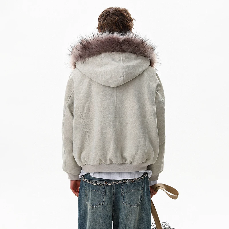 루젠 2025 겨울 고품질 인조 모피 후드 패딩 코트 남성 패션 우아한 분위기 단색 캐주얼 파카 JY5424