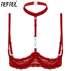 Womens Lingerie Breast Open Cup Bra See-through Floral Lace Underwired Unlined Sexy Bras Tops Halter Bare Breast Underwear