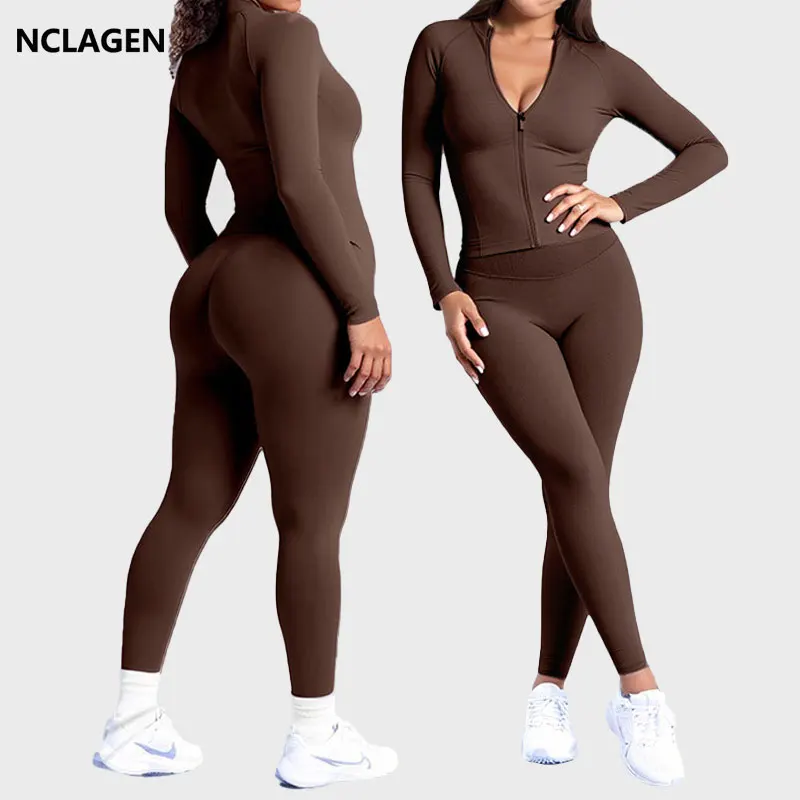 

NCLAGEN yoga sets women gym clothes Leggings and Jacket Full Zipper Long Sleeve top fitness suit workout sportwear sport outfit
