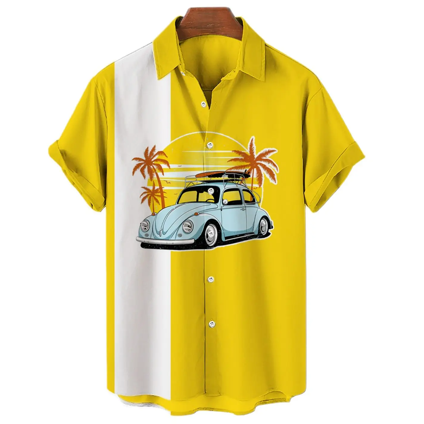 Hawaiian Style Vintage Car Print Summer Men\'s Shirts Casual Oversized Short Sleeve Fashion Single-Breasted Blouses Lapel Shirts