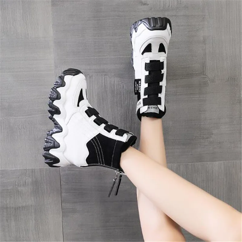 Women Chunky Boots Autumn Leather Hidden Heels Women Sneaker Spring 6cm High Heels Fashion Black Boots Platform Ankle Boots New