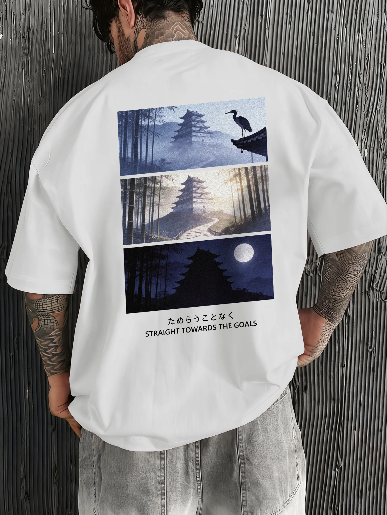 Men Pink Oversized T-Shirt Japanese Bamboo Pagoda Crane Grid Print Japanese Slogan Back Oriental Casual Street Tee