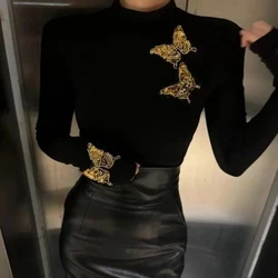 Fashion T-Shirts Women Autumn Winter Turtleneck Tee Long Sleeve High Street Casual Beaded Butterfly Patchwork Slim Pullovers Top