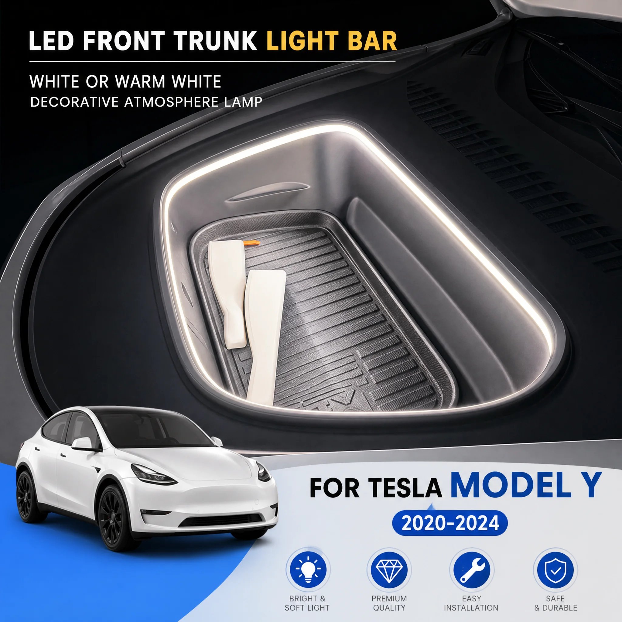 White or Warm White LED Front Trunk Light Bar For Tesla Model Y S X Frunk Decorative Atmosphere Lamp Modification Accessory Kit