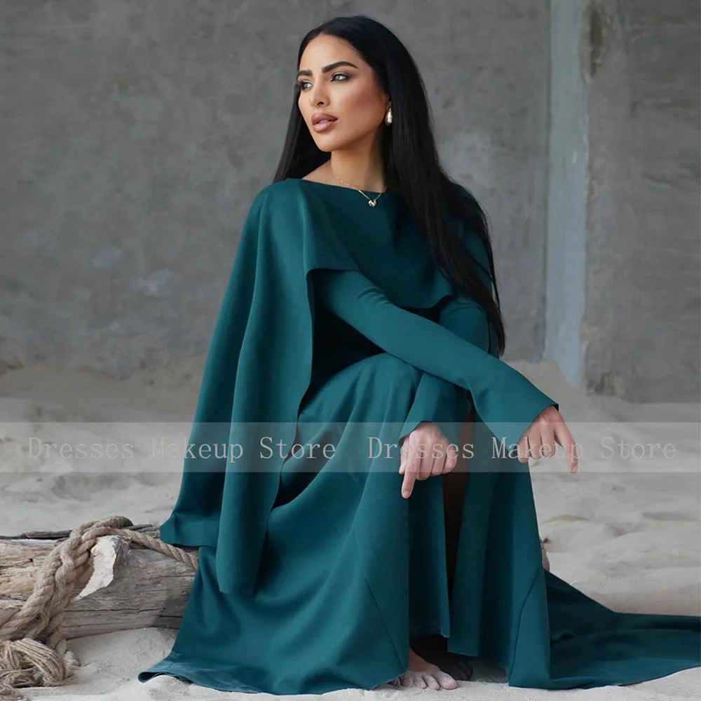 Modest Evening Dress Long Sleeves O Neck Cape Hunter Green Jersey Women\'s Evening Gowns 2024 Elegant Wedding Party Dresses Maxi