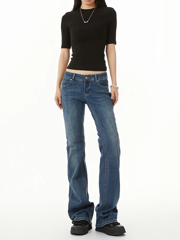 

Low Waist Bell Bot Embroidered Denim Jeans Women's American Retro Slim Fit Elastic Straight Leggings Casual Wear