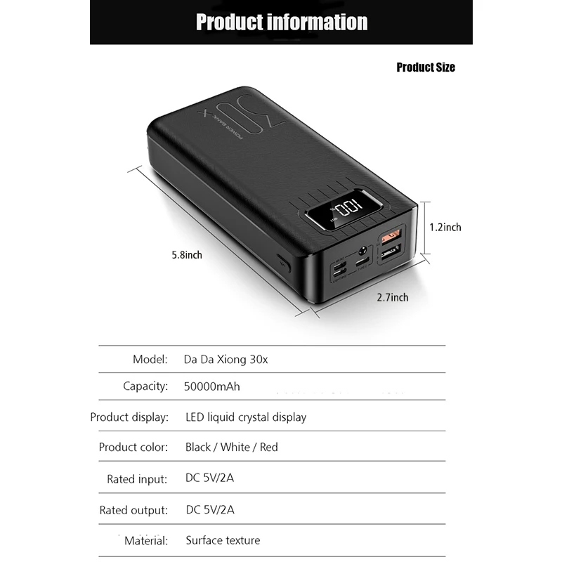 30000mAh/40000mAh PowerBank External Battery PoverBank 2 USB LED 30000mAh Type-c PortableCharger Power Bank For OnePlus Xiaomi