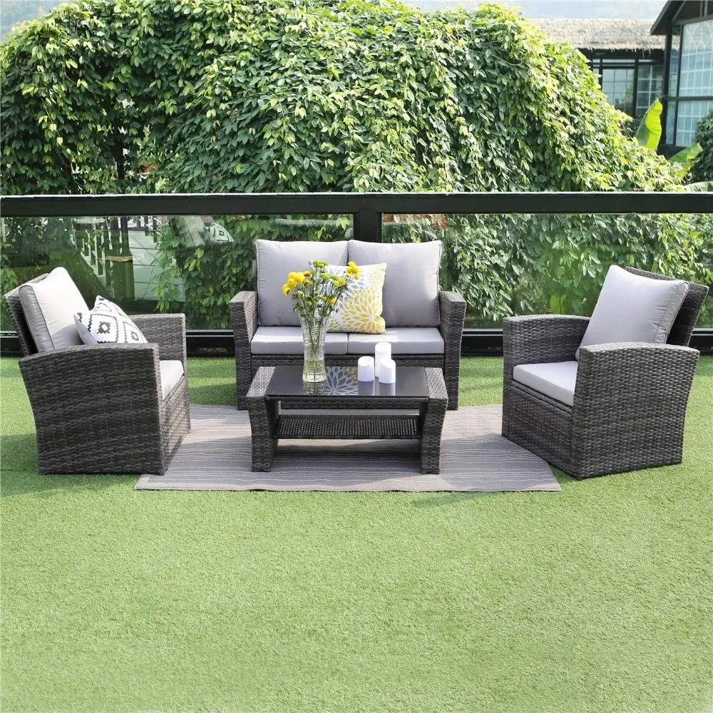 Juegos de muebles de mimbre para Patio, conjunto de conversación para todo tipo de clima, sofá Seccional de mimbre para exteriores, silla con cojines para balcón, 4 piezas