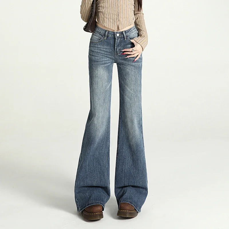 

Y2K Bamboo Pattern Jeans Retro Blue American Low Rise Slim Fit Elastic Flared Pants