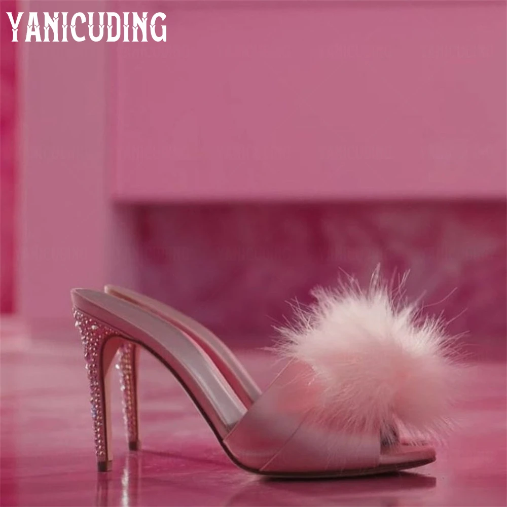 Pink Satin Rhinestone Stiletto Mules Cute Pink Fur Ball Slippers Fashion Style Handmade Shining Crystal Women's Summer Slippers