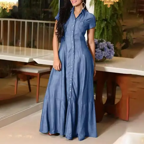 Women Plus Size Casual Dress Light Blue Button Shirt Collar Denim Maxi Dress With Pocket Vintage Pleated A-Line Party Long Dress