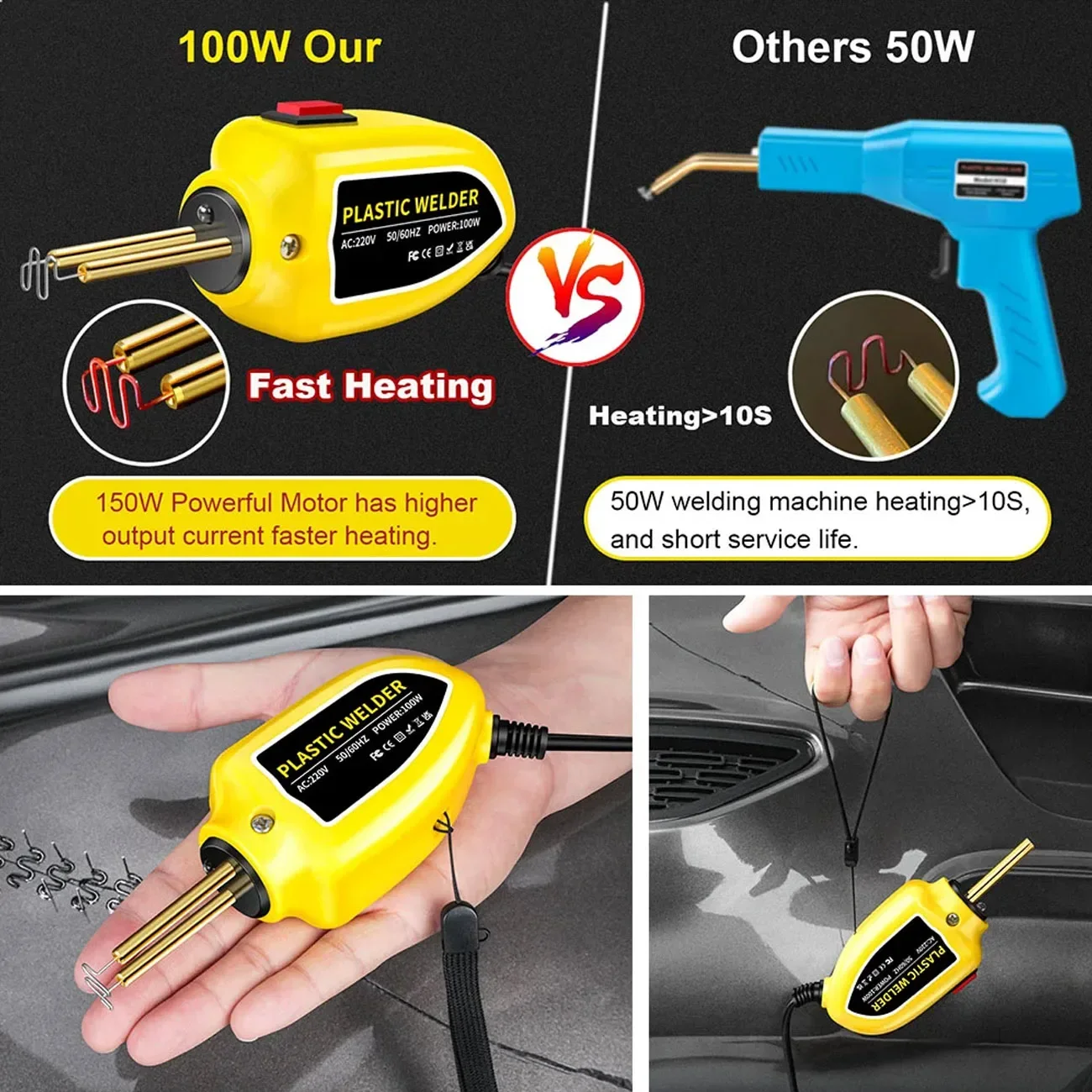 100W Portable Plastic Welder Hot Stapler Plastic Repair Kit Car Bumper Crack Kayak Repair Plastic Welding Machine Soldering Iron
