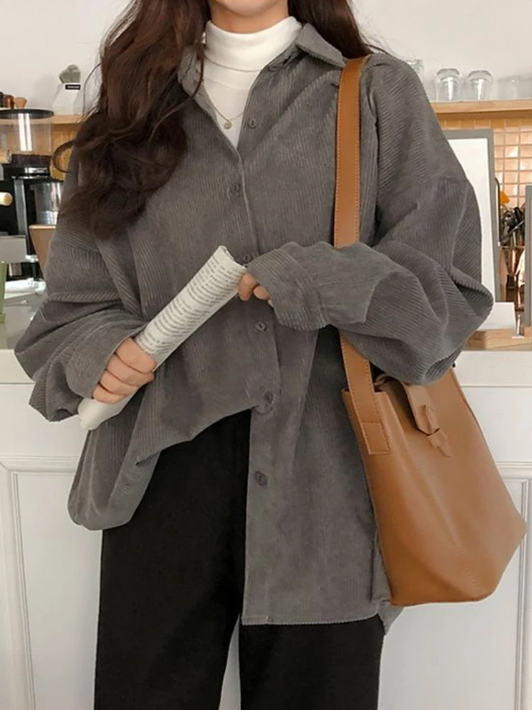 

Winter Corduroy Vintage Warm Shirt Women Korean Fashion Loose Chic Streetwear Blouse Female Long Sleeve Casual Elegant Tops 2023