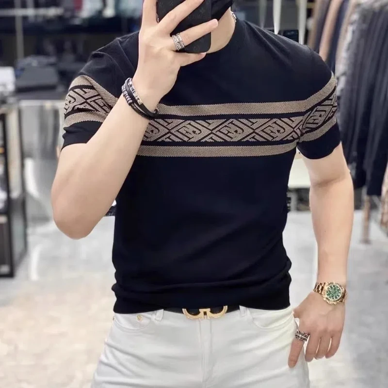 

Fashion Versatile New Summer Men Clothing T-Shirts O-Neck Striped Casual Slim Short Sleeve Knitted Vintage Basic Pullover Tops