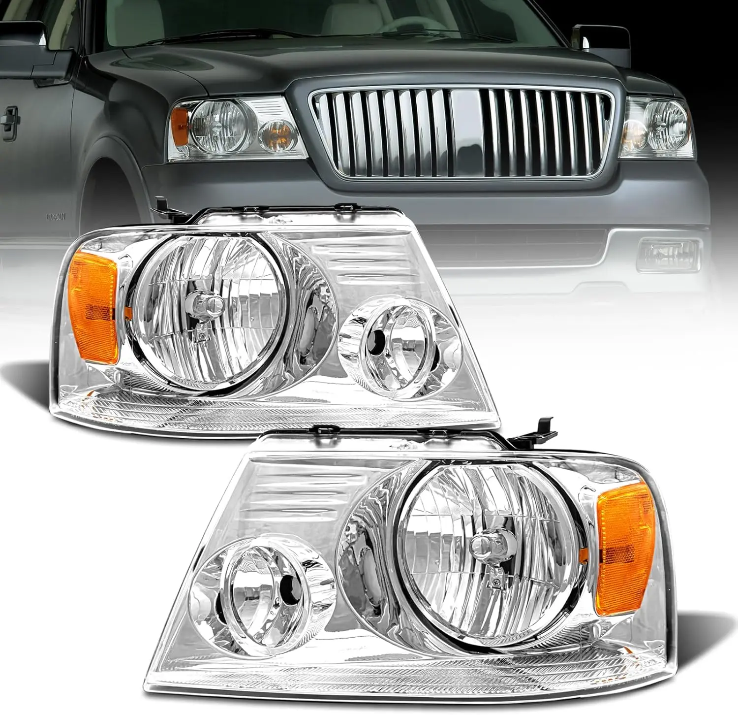 Headlight Assembly for 2004 2005 2006 2007 2008 Ford F150/ 2006 2007 2008 Lincoln Mark LT Headlamp with Chrome Housing Amber Ref