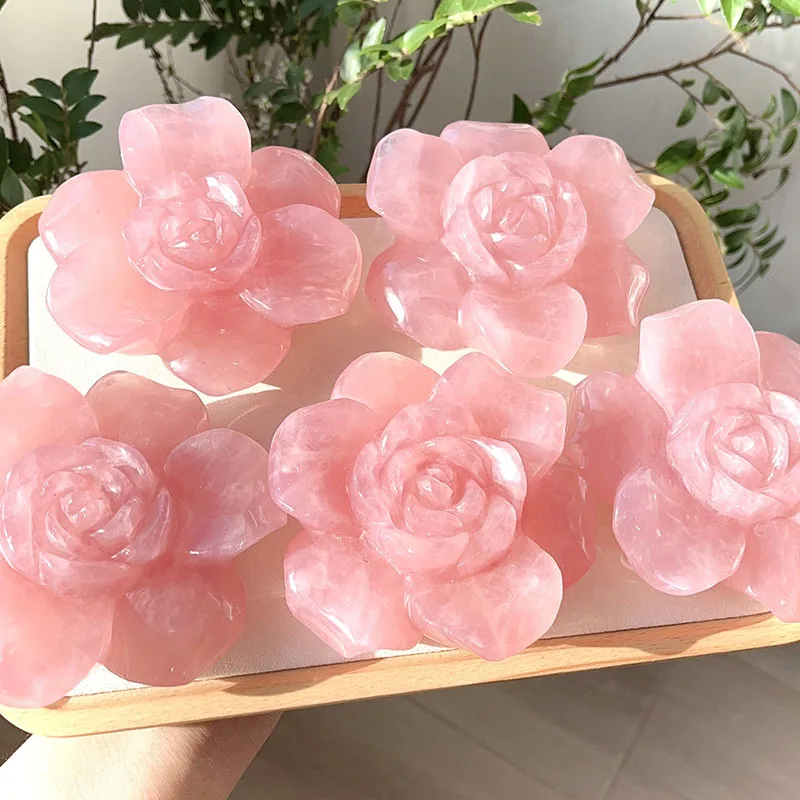 10CM Natural Rose Quartz Flower Carving Healing Stone Energy Gemstone Cute Home Decoration Gift 1PCS