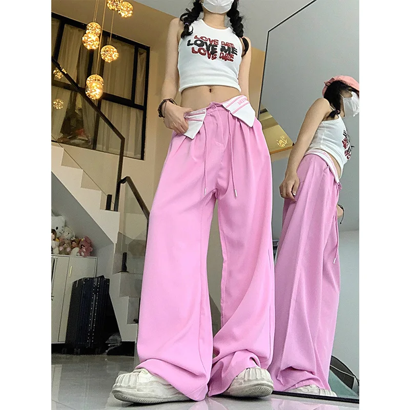 Women\'s pants Patchwork Wide Leg Pants Women Black Contrast Casual High Waist Pants Spring Summer 2023 y2k Trouser Office Ladies