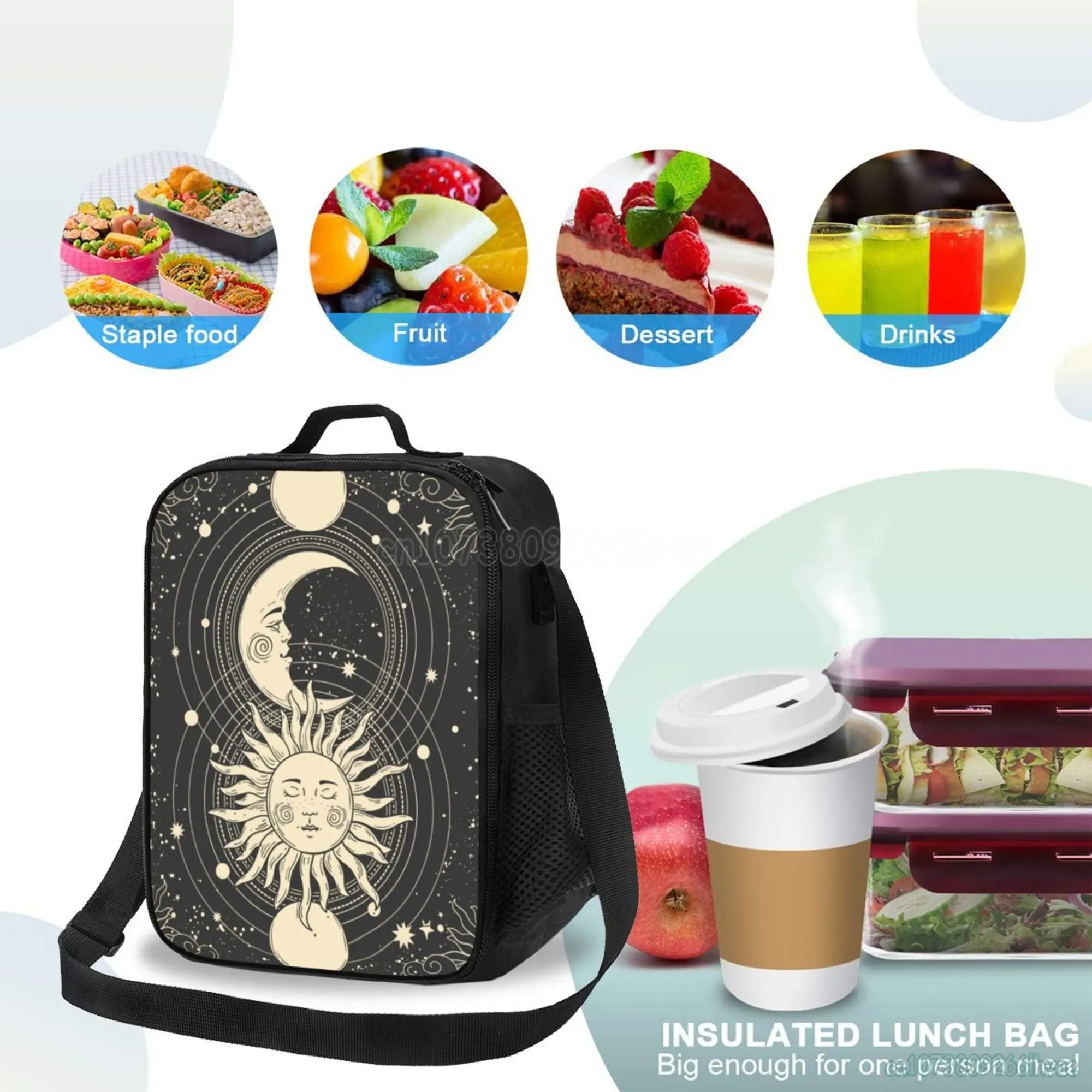 Sac à lunch isotherme Tarot Sun Moon Witchy Night, boîte à lunch thermique, sacs à bento Oxford imperméables, sac fourre-tout portable à démarrage unique