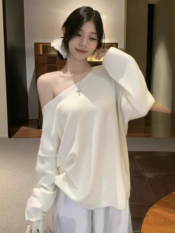 

Sexy Loose Knitted Long Sleeve Shoulder T-Shirt Women's Spring Autumn Unique Design Commute Style Comfortable Medium Softness