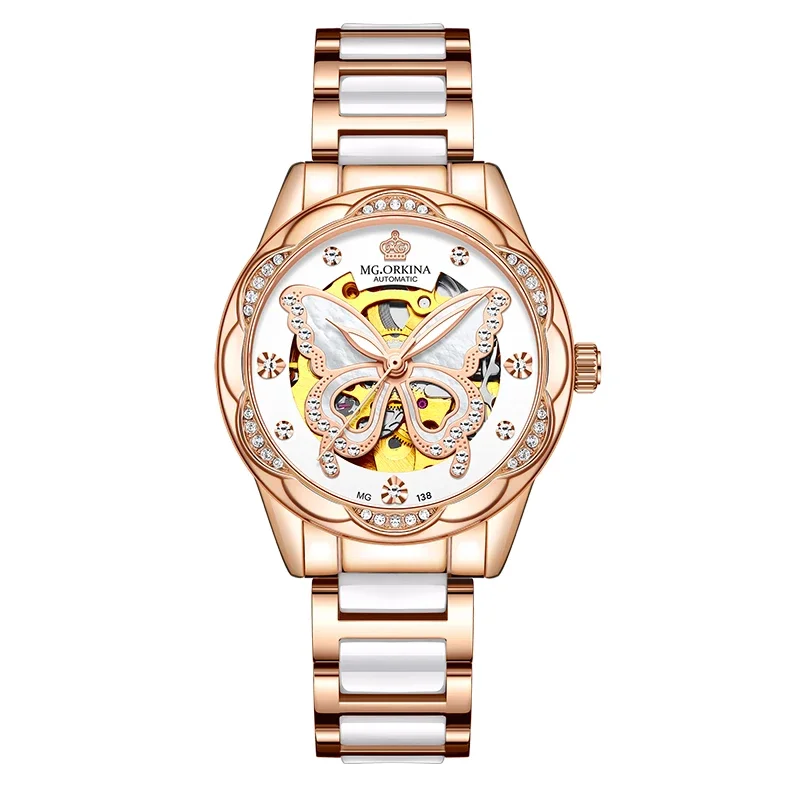 ORKINA Fashion Women Mechanical Watches Ceramic Steel Strap Luxury Butterfly Dial Automatic Ladies WristWatches Gift Reloj Mujer