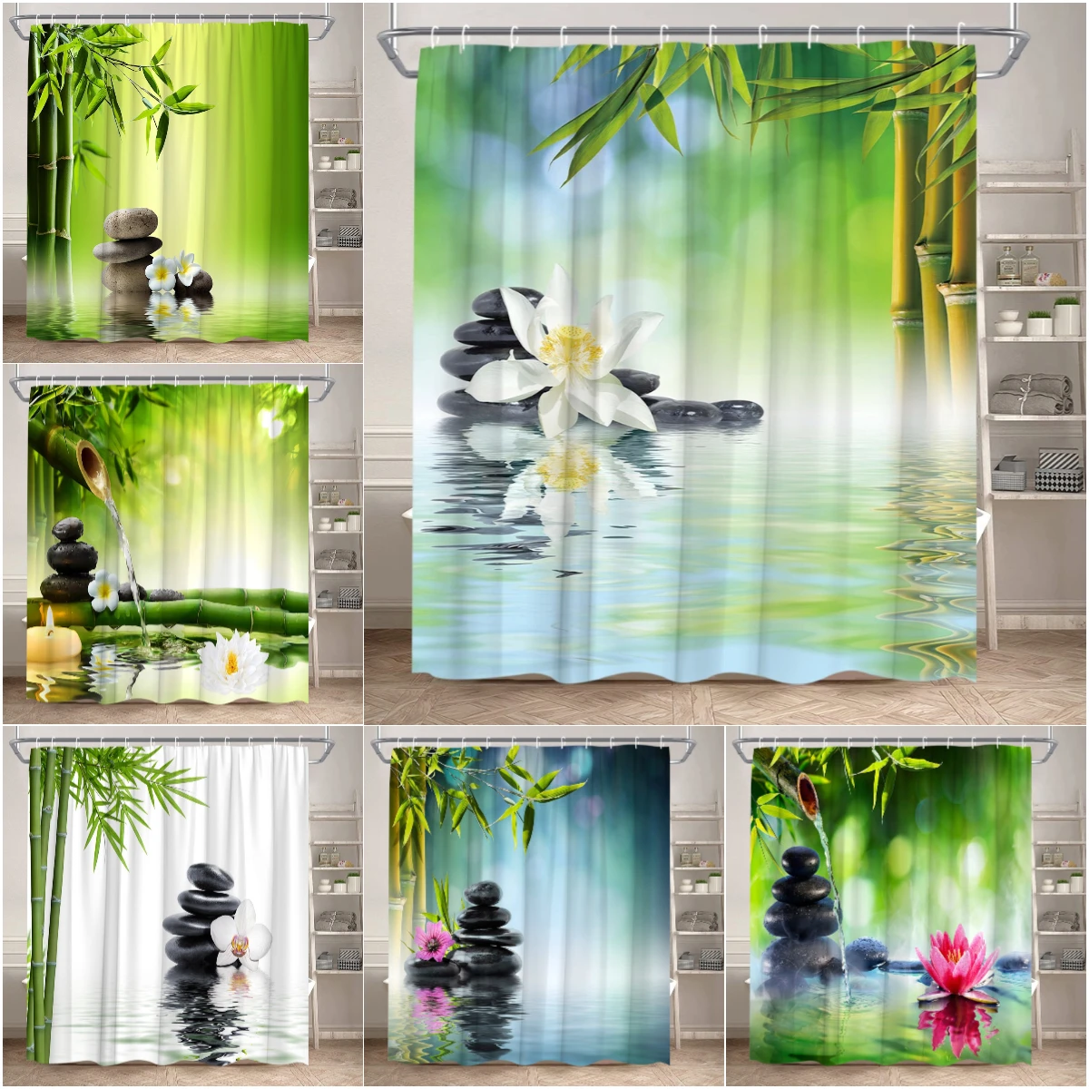 

Zen Shower Curtain Landscape Green Bamboo River Lotus Stone Purple Orchid Plant Leaf Polyester Fabric Bathroom Decor Curtain