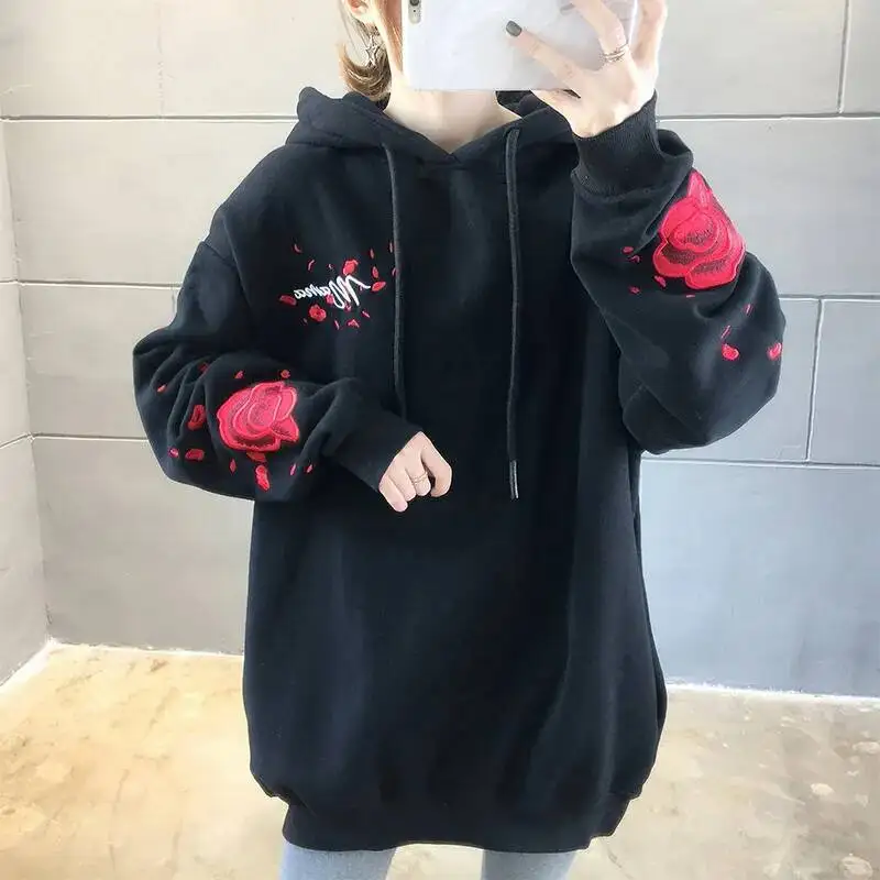High Quality Autumn Winter Thicken Hoodie Chinese Style Crane Rose Embroidered Sweatshirt Oversized Warm Long Pullover Outwear