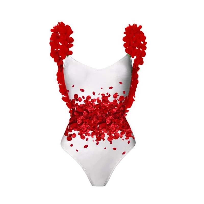 2023 Fashion Red Off-the-Shoulder 3D Flower Sleeveless One Piece Swimsuit and Skirt Summer Swimwear Women Beachwear Bathing Suit