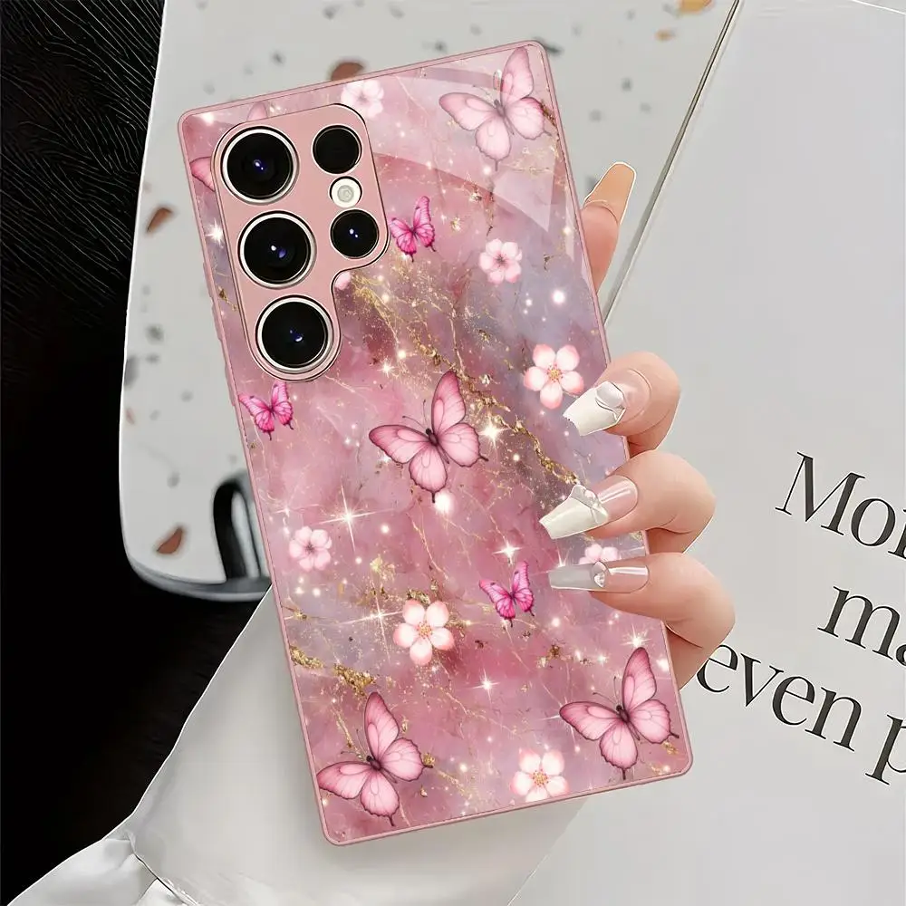 Marble powder butterfly Tempered Glass Fashion phone case for Samsung Galaxy S26/S25/S24/S23/S22/S21 FE Ultra Plus Dropresistant