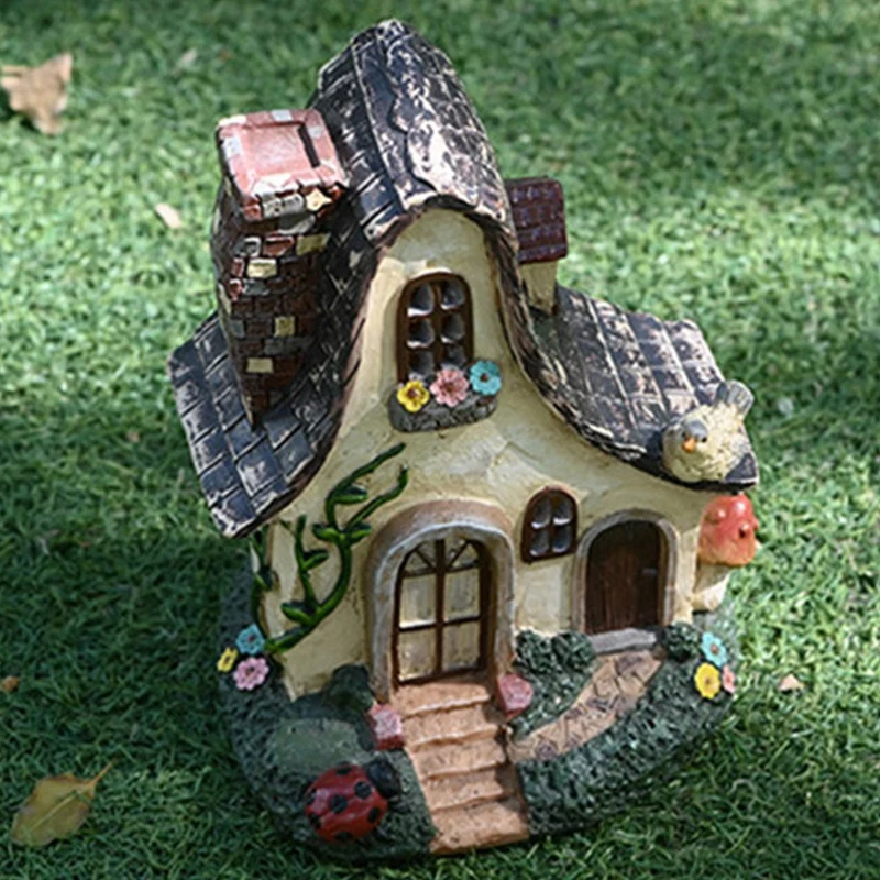 Fairy House Large Rustic Miniature Garden Cottage With Ladybug & Bird Fairy Garden Miniature Villa Woodland Home