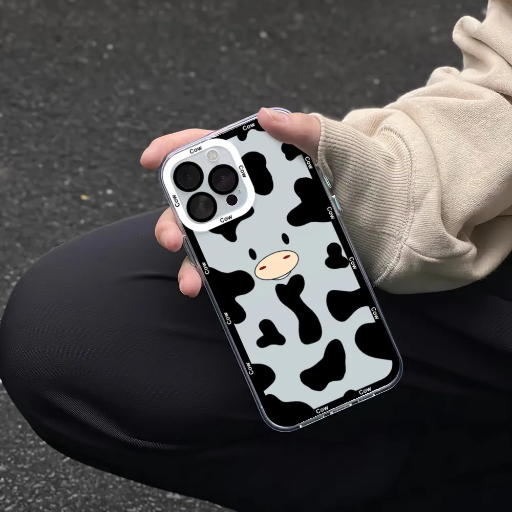 Aesthetic Cow Milk Print Phone Case For iPhone 11 12 Mini 13 14 Pro Max Transparent Shell