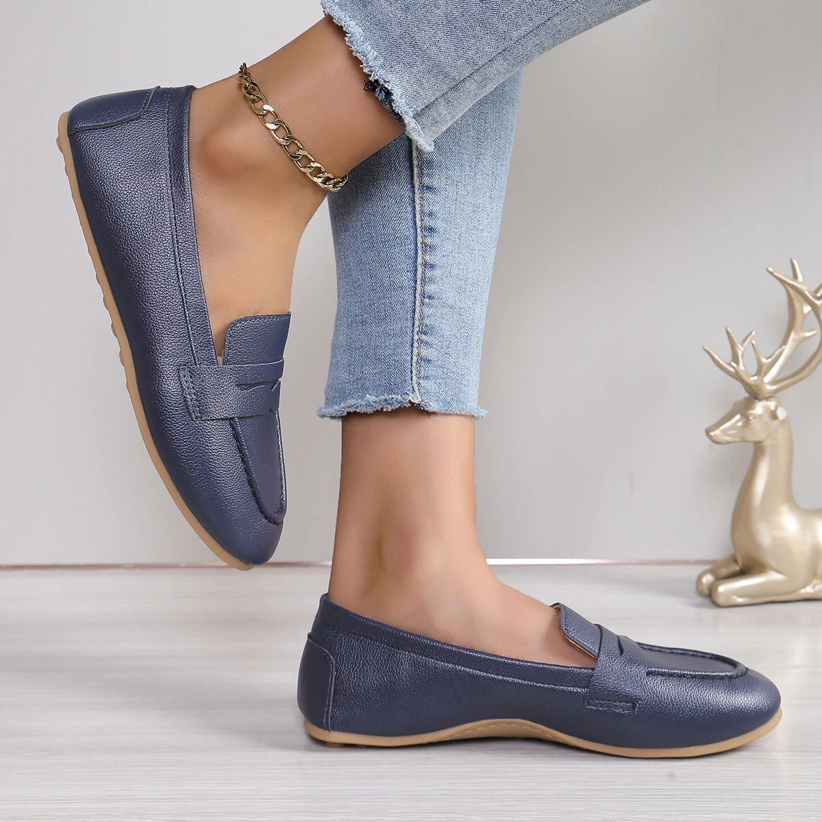 Women Shoes Soft Leather Shoes with  Loafers Dark Blue Flat Shoes Women\'s Casual Zapatos Mujer Flats Female Footwear Size 36-43