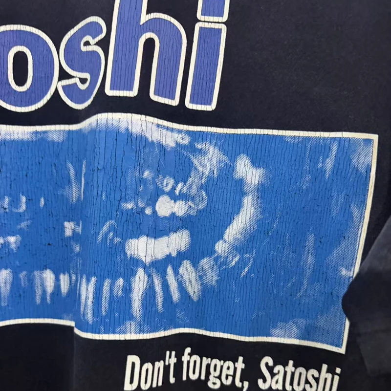 Streetwear Washed Retro Cracked Print Real Photo High-quality Cotton SATOSHI NAKAMOTO Short Sleeve Shirt