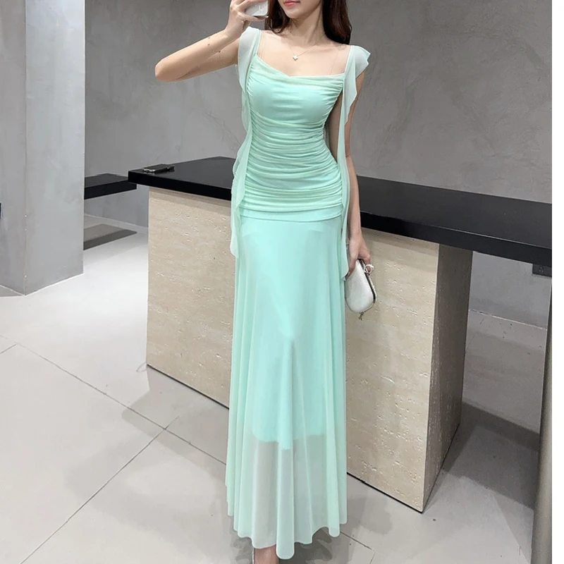 Sexy Crisscross Back Party Prom Vestidos Robe Elegant Sheer Mesh Pencil Dress Women's Ruched Panel Design Green Ribbon Dress