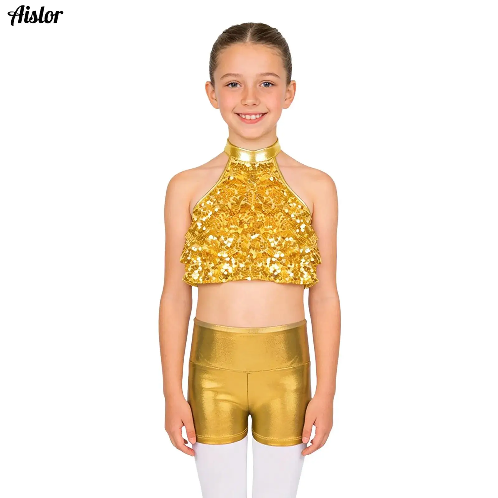 

2PCS/Set Kids Girls Modern Jazz Latin Ballet Dance Costume Girls Shiny Sequins Crop Top with Shorts Set Children Ballet Outfit