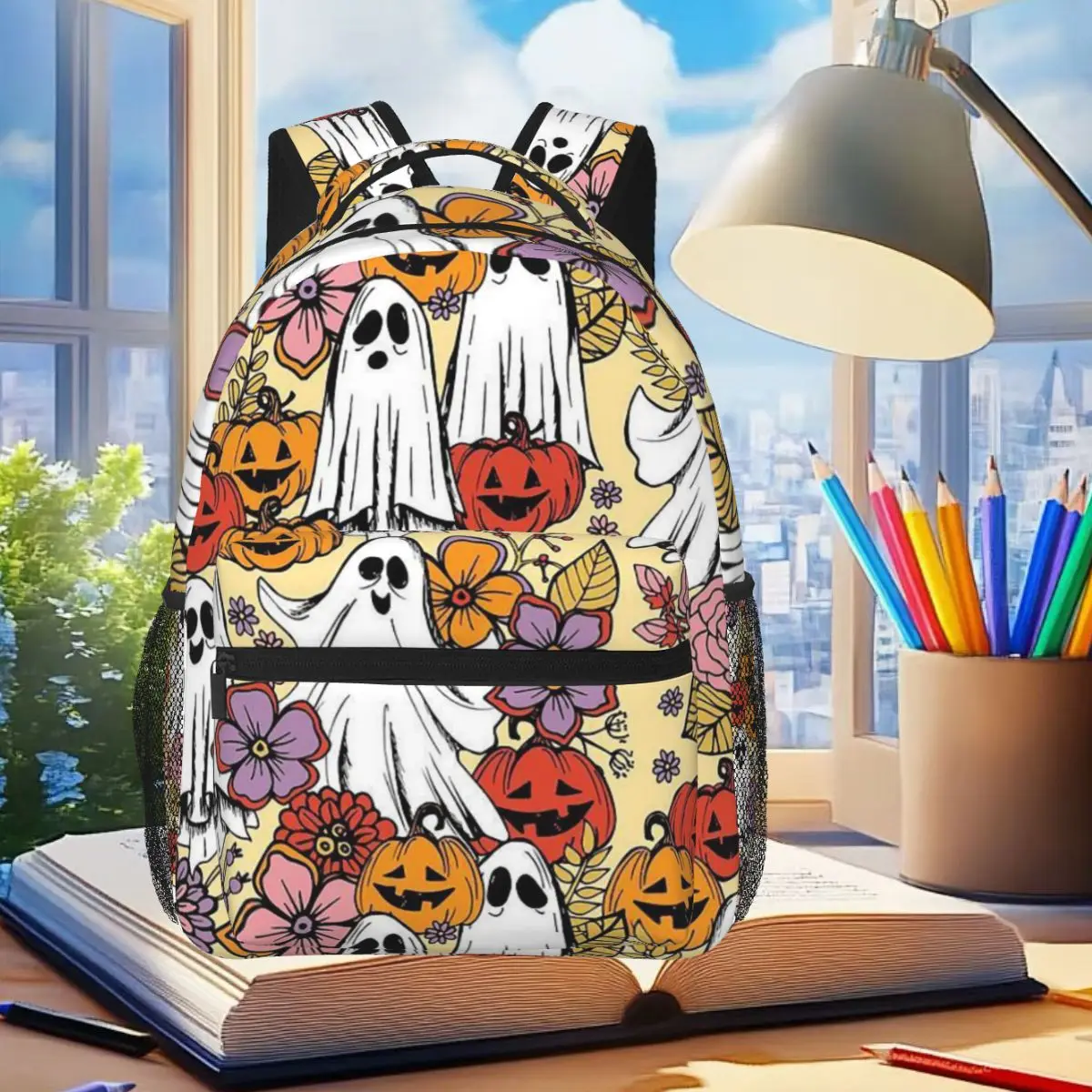 Pumpkin And Ghost Halloween Pattern Backpack Student Boys Girls BookBag Kids School Bag Laptop Shoulder Bags for Men Women