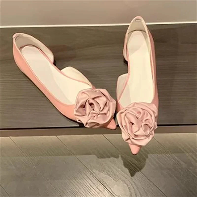 Flower Decoration Shoes For Womens Pointed Toes Ladies Flat Heels Female Sewing Lines Chassure Satin Femme Shallow Zapatos Mujer