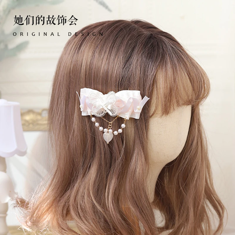 Barrettes originales douces faites à la main, accessoires de cheveux, nœud en perle, Clip de bord, JK fille coeur rose blanc, couvre-chef mignon