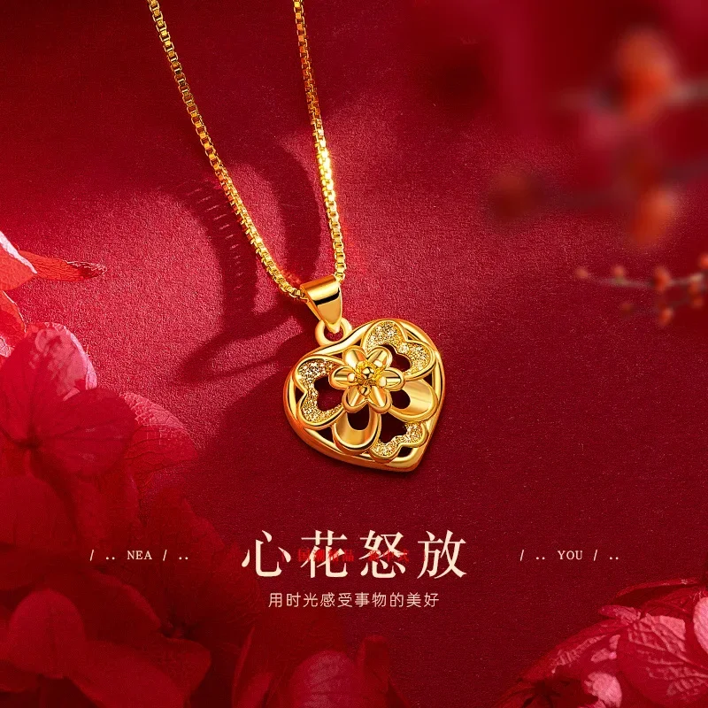 9999 Real Gold 24K Elated Necklace Love Flower Women's Collarbone Chain Women's Pendant Jewelry