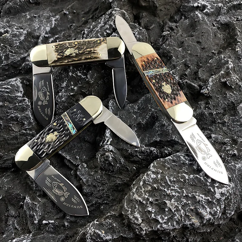 Sharp Beef Bone/Antler Handle Pocket Knife Damascus Steel/German Steel Folding Knife Outdoor Portable Pocket Knife Open Express