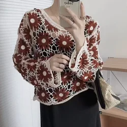 Sheer Crochet Top Long Sleeve Embroidery Daisy Crop KnittedPullover for Women Teen-girl Fall Winter Vintage Cottagecore Outfit