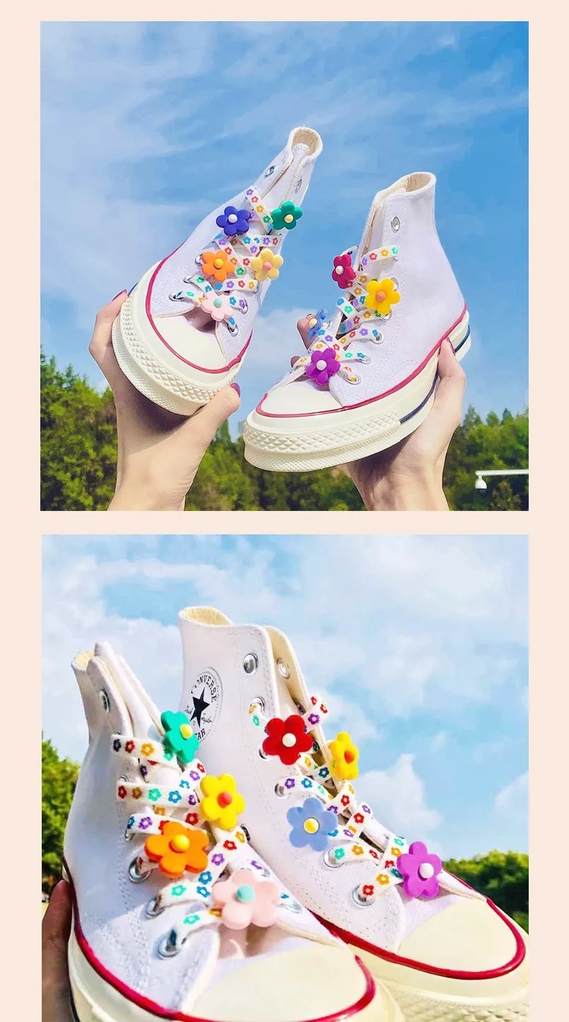 1 Pair/2pc Shoelaces Decoration Flower Clip Shoe Buckle Cute Sneaker Canvas Cartoon Shoe Charm Trend Color Shoe Laces Accesories