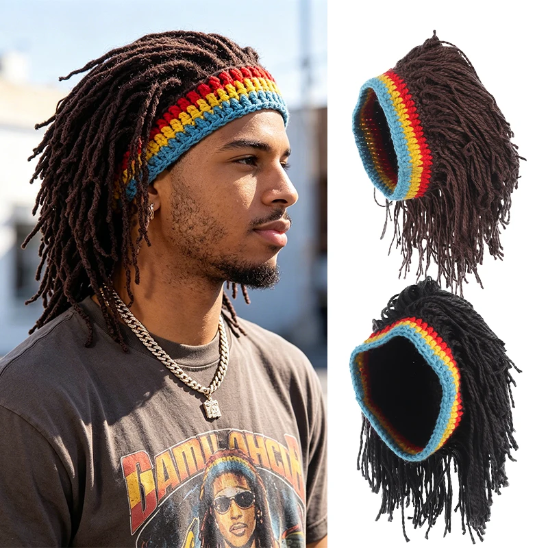 

Funny Crochet Dreadlock Wig Hat with Rainbow Headband, Synthetic Fiber for Reggae Music Festival, Carnival Party & Cosplay
