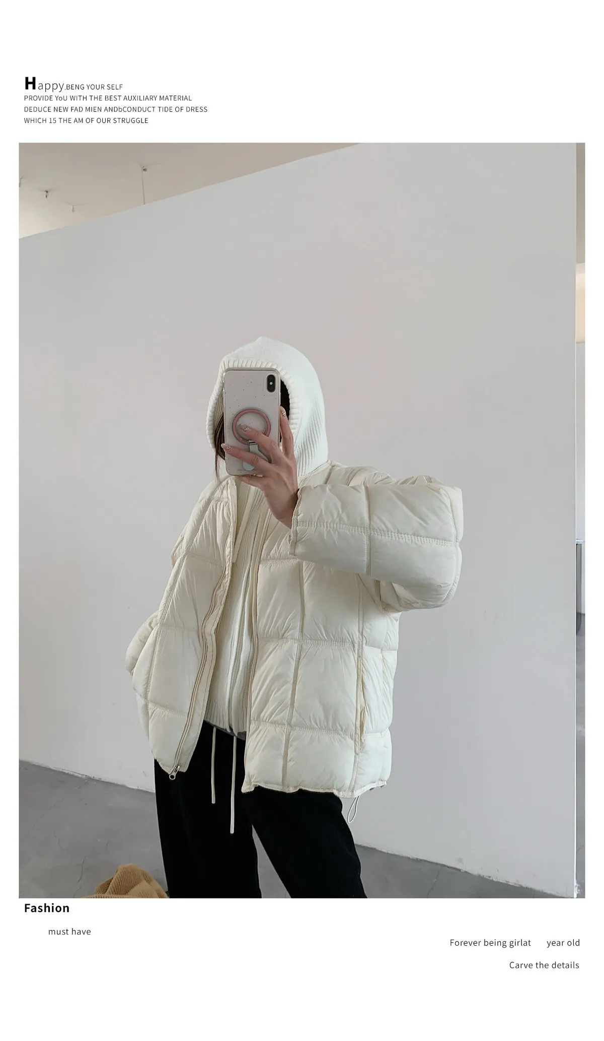 Korean Knit Hood Patchwork Short Puffer Jacket Women Loose Lightweight Warm Padded Parkas Women Solid Color Zipper Winter Jacket