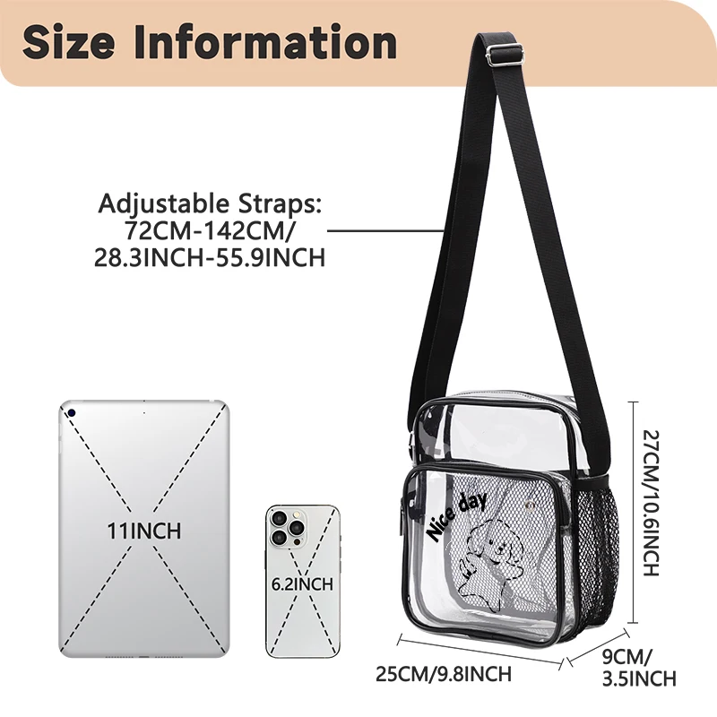 TINYAT PVC Clear Messenger Bag Women Transparent Shoulder Bag Waterproof Crossbody Bag for Music Concert Sports Race