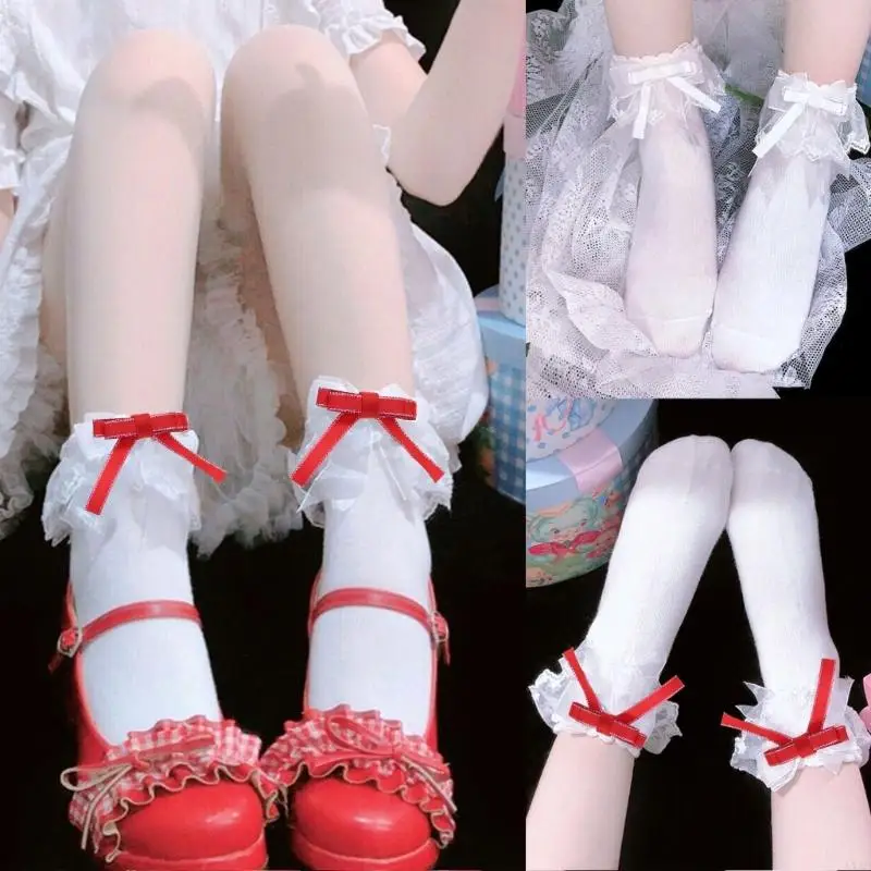 LXAD Womens Japanese Sweet Socks Ruffle Lace Top Ribbon Bowknot Ankle Socks