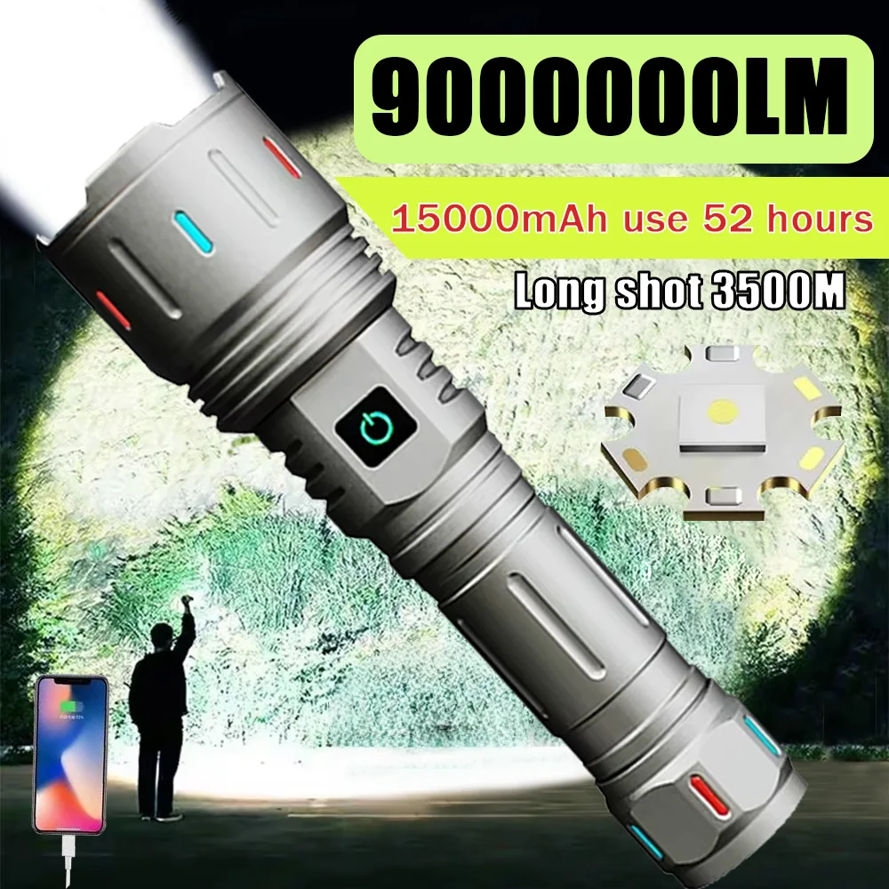 

High Power LED Flashlight USB Rechargeable Tactical Torch 3500M Long Range 9000000LM Ultra Powerful Flashlight Camping Lantern