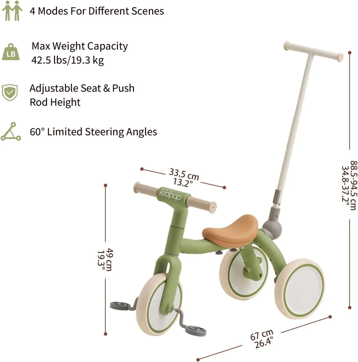Pony 4-in-1 tricicli per bambini veicoli a pedali per 1-4 Push Slide Ride On Toy Balance Bike passeggino girello (verde)